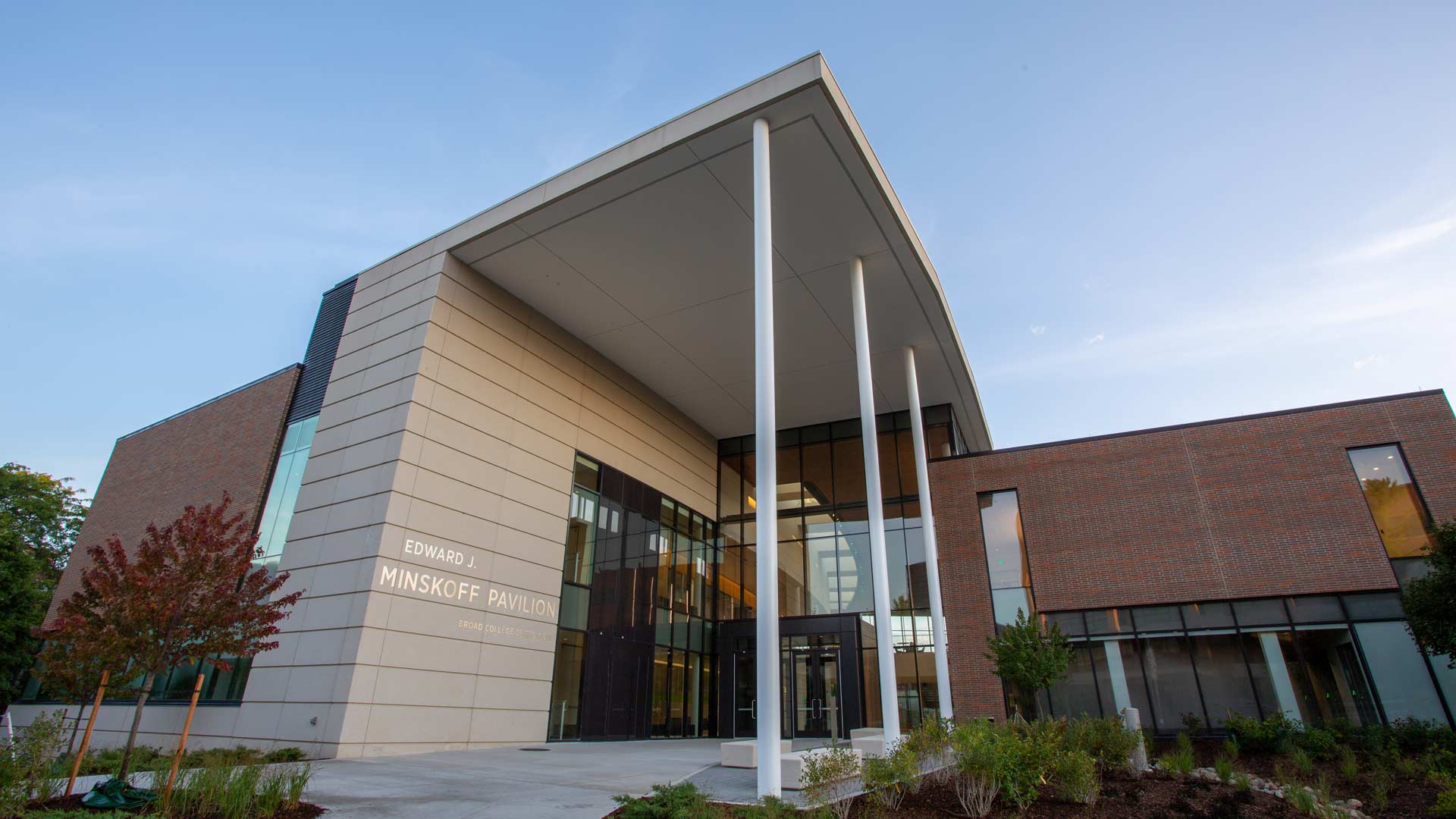 Front entrance of the Minskoff Pavilion at dusk