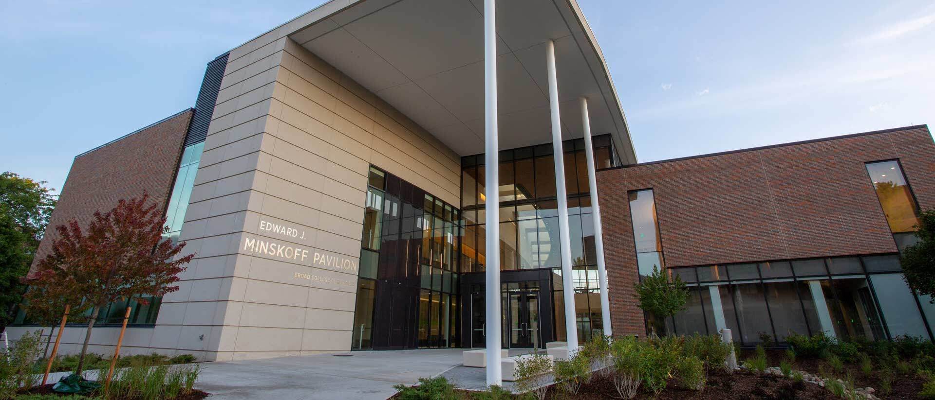 Front entrance of the Minskoff Pavilion at dusk