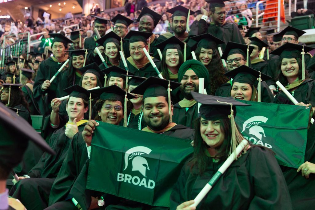 Broad Spartan MBA students fill the Breslin Center bleachers at commencement.