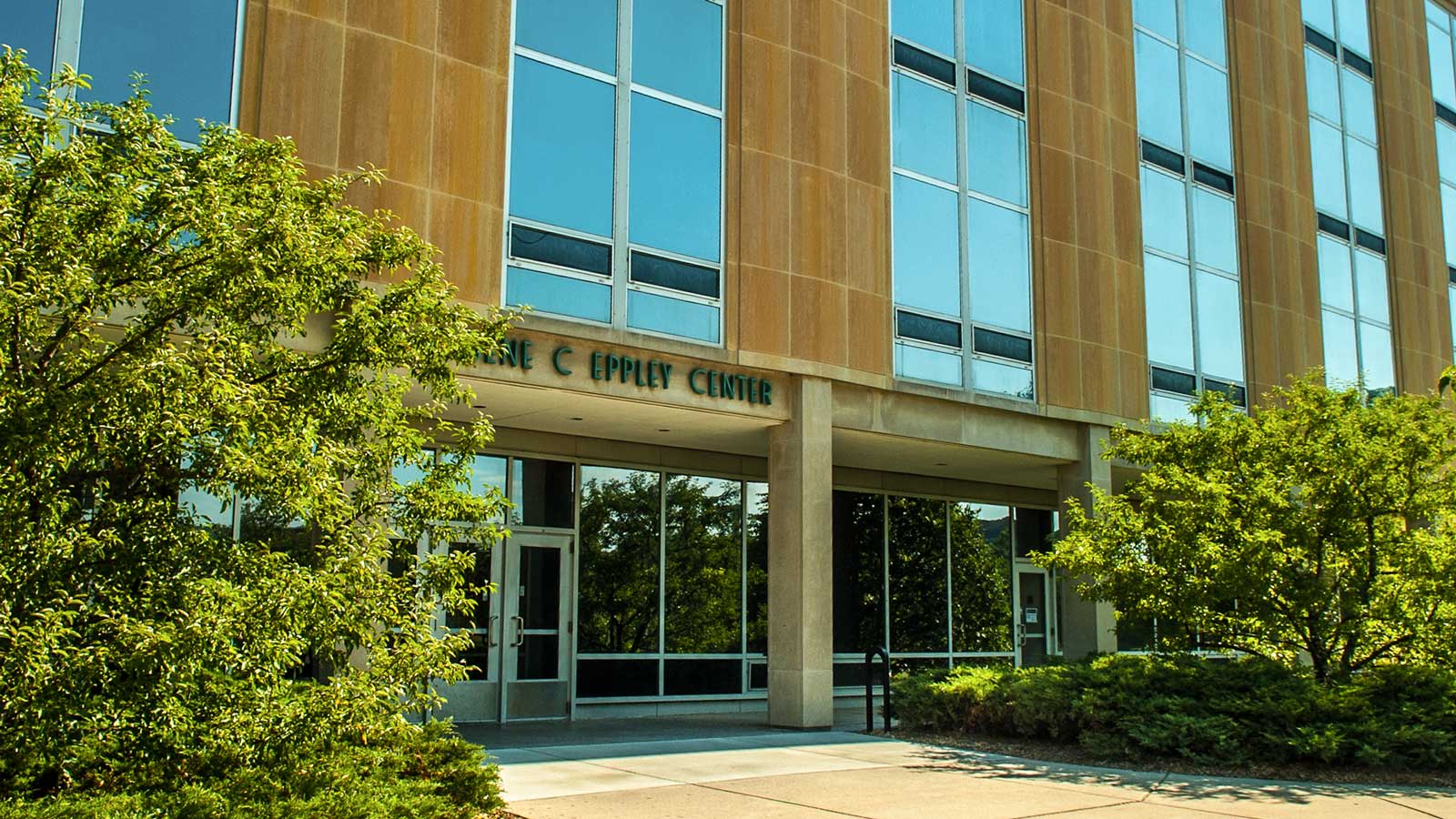 Front exterior of Eppley Center on a sunny day