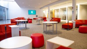 Zoom background set inside the Menear Student Lounge of the Michigan State University Broad College of Business