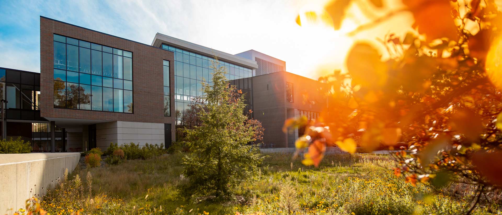 Edward J. Minskoff Pavilion at sunset, as seen from the Red Cedar River