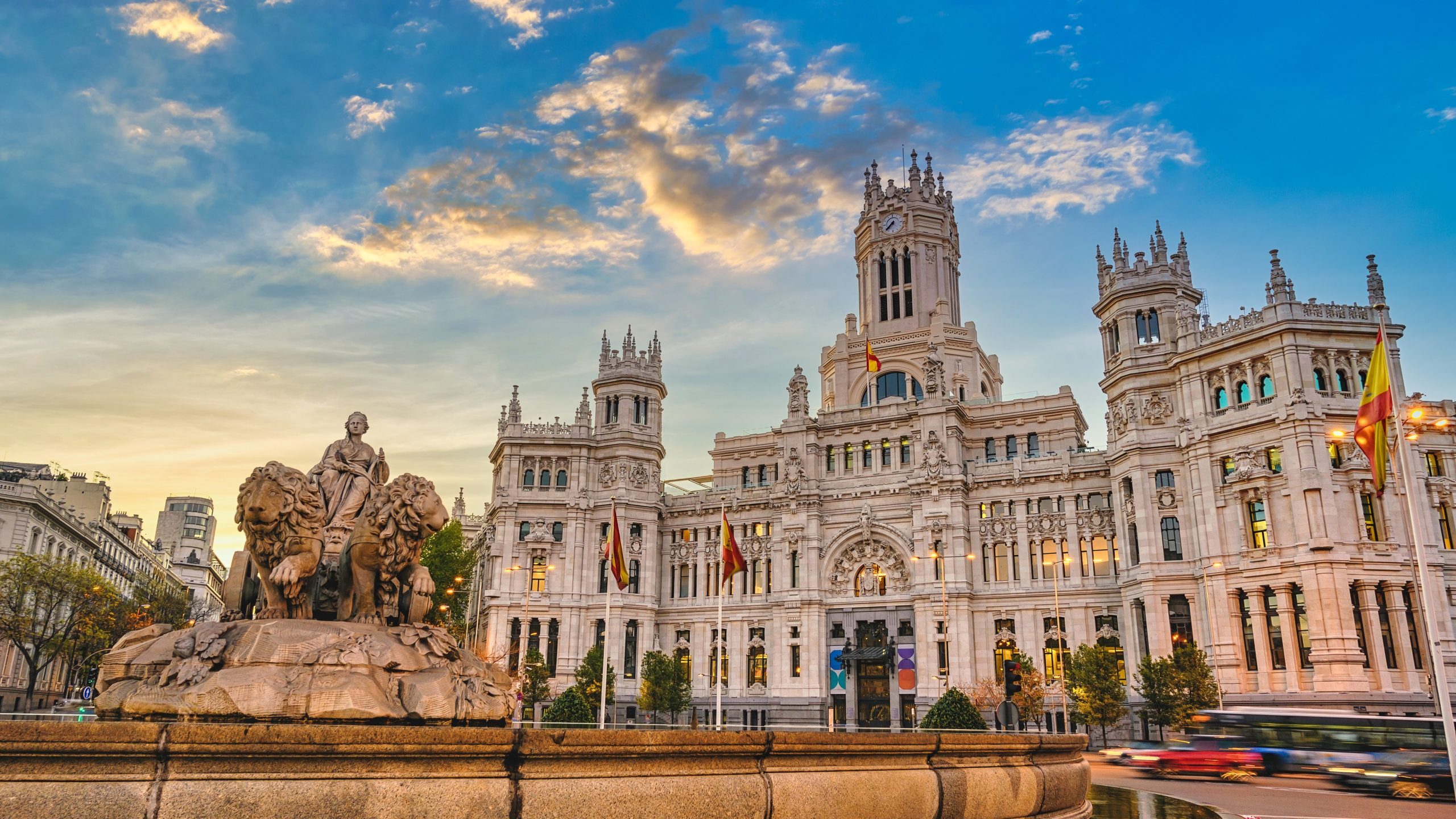 Madrid Spain, sunrise city skyline at Cibeles Fountain Town Square