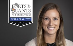 Dana Drouillard headshot with Poets&Quants for Executives Best & Brightest 2022 logo