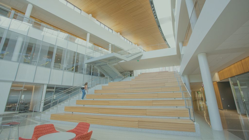 The grand staircase inside the Minskoff Pavilion, home of the Eli Broad College of Business at Michigan State University.