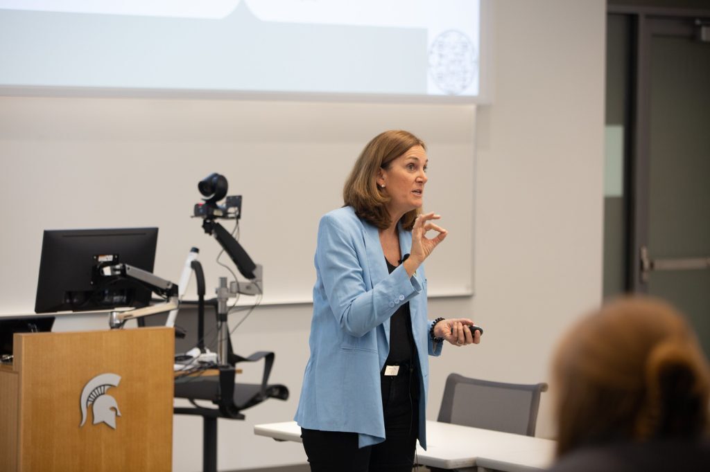 Sally Allen speaks in an MSU classroom.