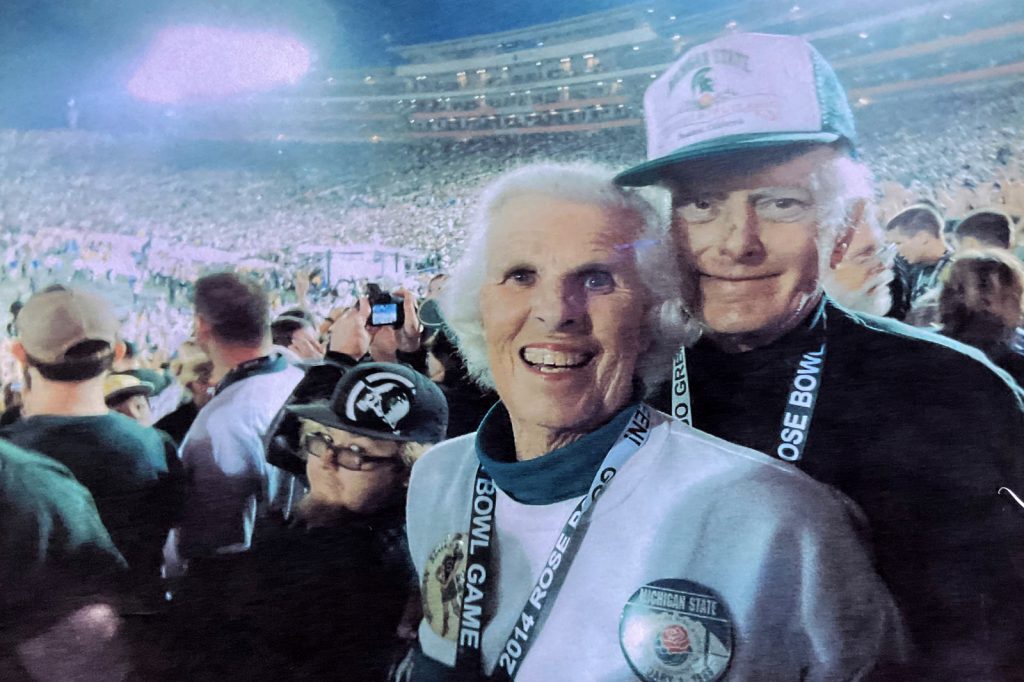 Claudia and James Prescott in a sea of MSU fans at the 2014 Rose Bowl.