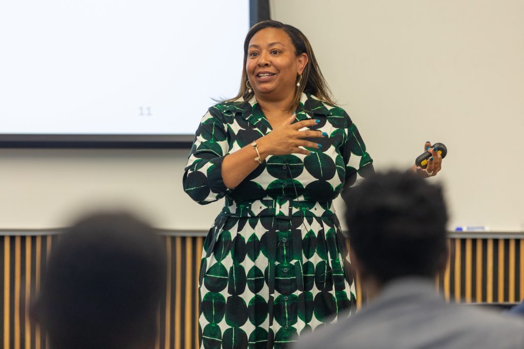 Dalana Brand speaking in an MSU classroom.