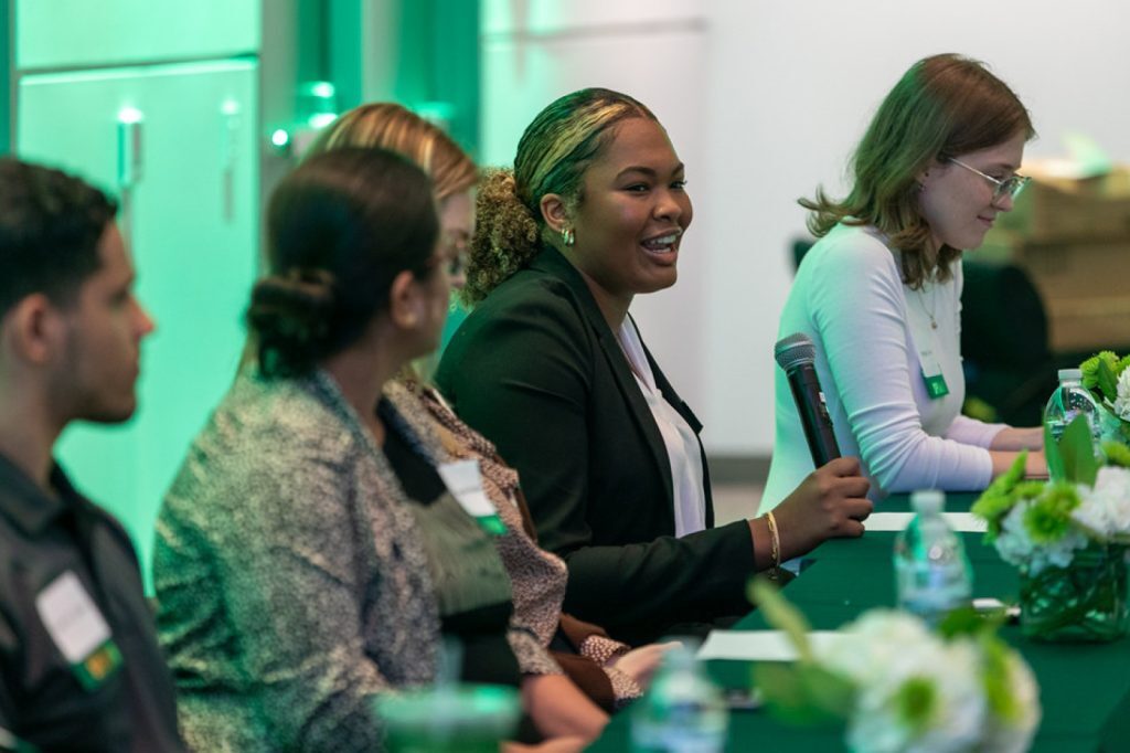 Spartans form a student panel for an event in the Minskoff Pavilion.