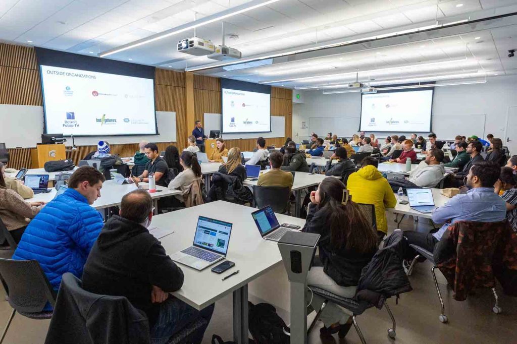 Full classroom of students for Simon Whitelocke's presentation to class.