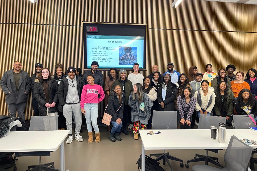 Members of MSU student organization Black and Broad take a group photo in the Entrepreneurship Lab.