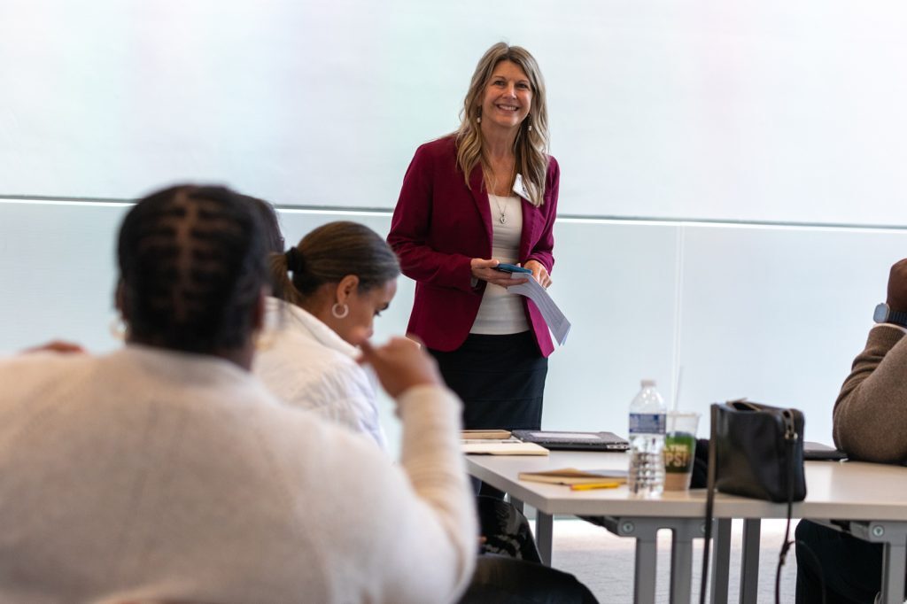 Cheri DeClerq speaking to students