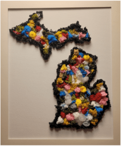 Yarn art in the shape of the state of Michigan