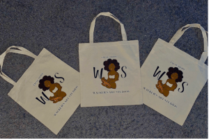 Three tote bags laid out on ground 