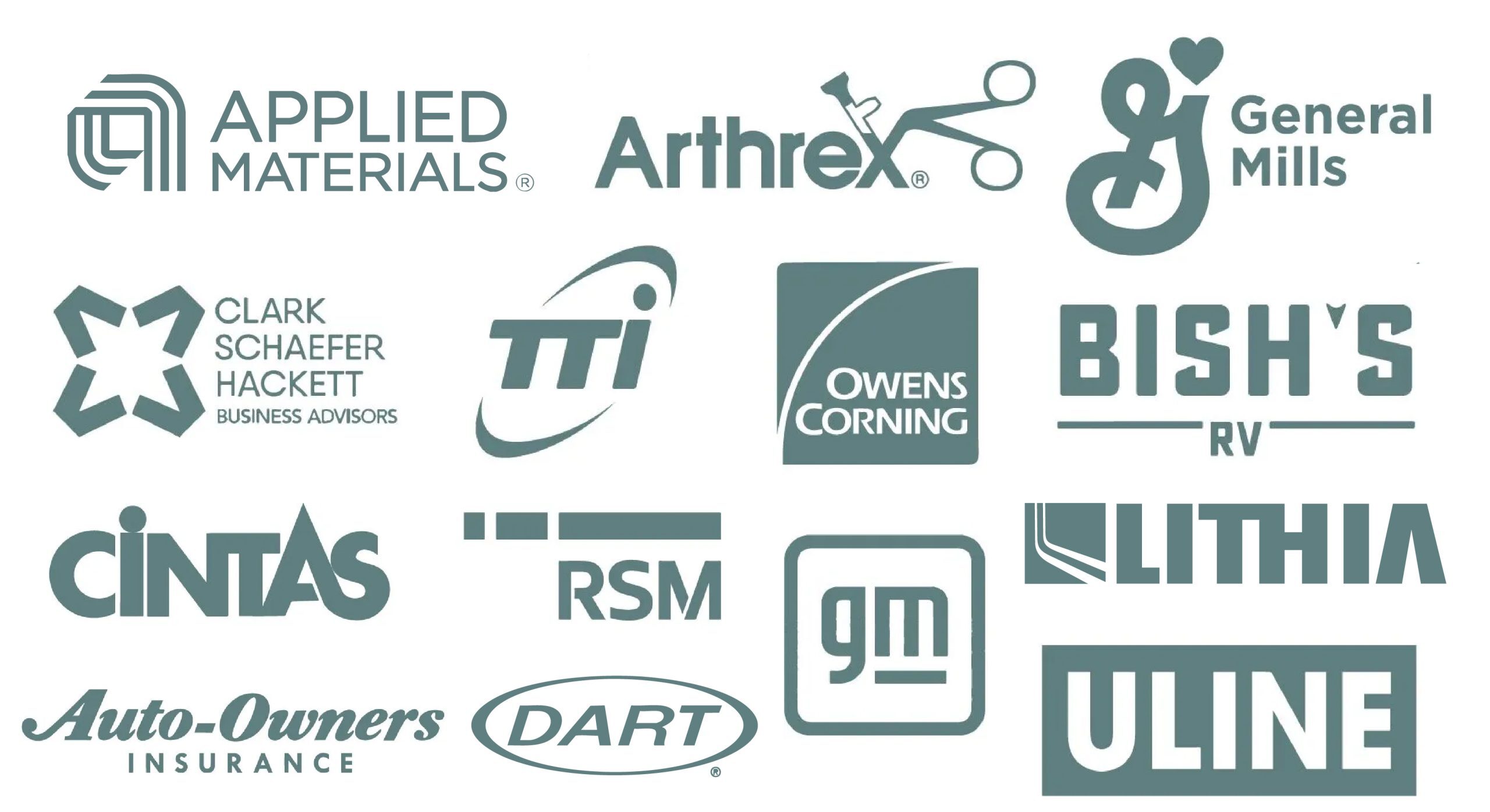 A collage of all the palmer center partner logos for 2025-2026; Applied Material, Arthrex, General Mills, Clark Schaefer Hackett Business Advisors, TTI, Owens Corning, Bish's RV, Cintas, RSM, GM, Lithia, Auto-Owner's Insurance, Dart, and Uline.
