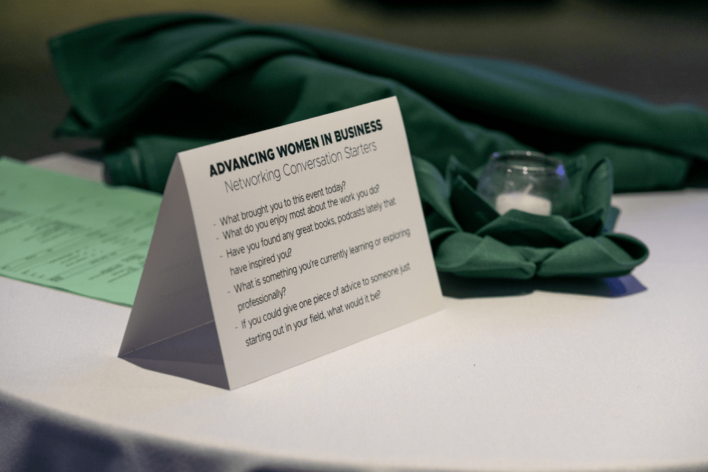 Card on table with conversation starters written on it