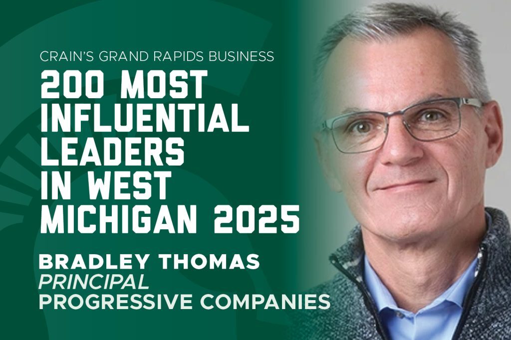 Graphic announcing Bradley Thomas, principal at Progressive Companies, as one of Crain’s 200 Most Influential Leaders in West Michigan for 2025.