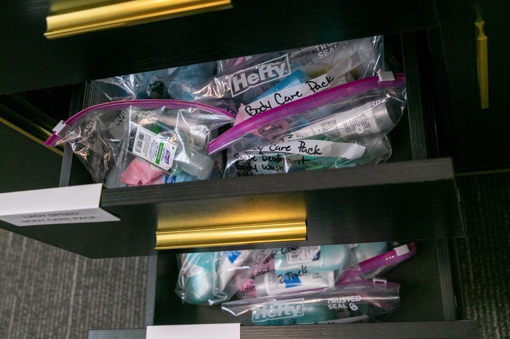 Ziploc bags filled with products inside drawers