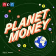 Illustrated green graphic with the words “Planet Money” in bold orange letters, surrounded by small colorful planets, with the NPR logo in the corner and a small Earth at the bottom.
