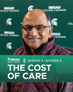 The Cost of Care overlaid on a headshot of Sriram Narayanan