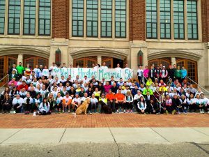 Participants in the 2015 Kelli Hughes Memorial 5K outside the MSU Auditorium.
