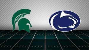 Michigan State University logo and Pennsylvania State's logo on a football field