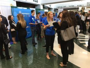 A Broad College alumnae speaks with a current Broad student.