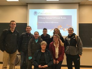 Catharyn Baird (front center), CEO of EthicsGame, poses with International Business Law and Sustainability students during her visit this spring to Broad College. Photo courtesy of Paulette Stenzel