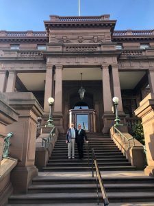 Eli Broad College of Business alum Rob Thull (BA Business Administration ’73) and Broad College Dean Sanjay Gupta in front of the Pacific-Union Club in San Francisco
