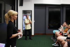 MSU women's basketball coach Suzy Merchant and men's basketball coach Tom Izzo shared coaching stories and offered insights on team-building and leadership at an earlier "Building Winning Teams" program for executives