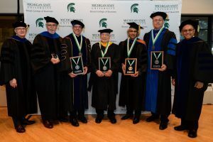 From left to right: Senior Associate Dean and Eli Broad Legacy Fellow of Management Robert Wiseman; Carl Borchgrevink, the John and Becky Duffey Faculty Fellow in Hospitality Business; Tobias Schoenherr, the John Hoagland-Richard Metzler Professor in Purchasing and Supply Chain Management; Allan Sherwin, the Dr. Lewis J. and Mrs. Ruth E. Minor Chef-Professor of Culinary Management; Srinivas (Sri) Talluri, the John Hoagland-Richard Metzler Professor in Purchasing and Supply Chain Management; Tomas Hult, the John W. Byington Endowed Chair in International Marketing; and Sanjay Gupta, the Eli & Edythe L. Broad Dean. Photo by Kasra Raffi