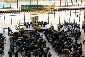 MSU interim President John Engler addresses attendees at the Edward J. Minskoff Pavilion naming ceremony Friday, Oct. 19. Photo by Kasra Raffi
