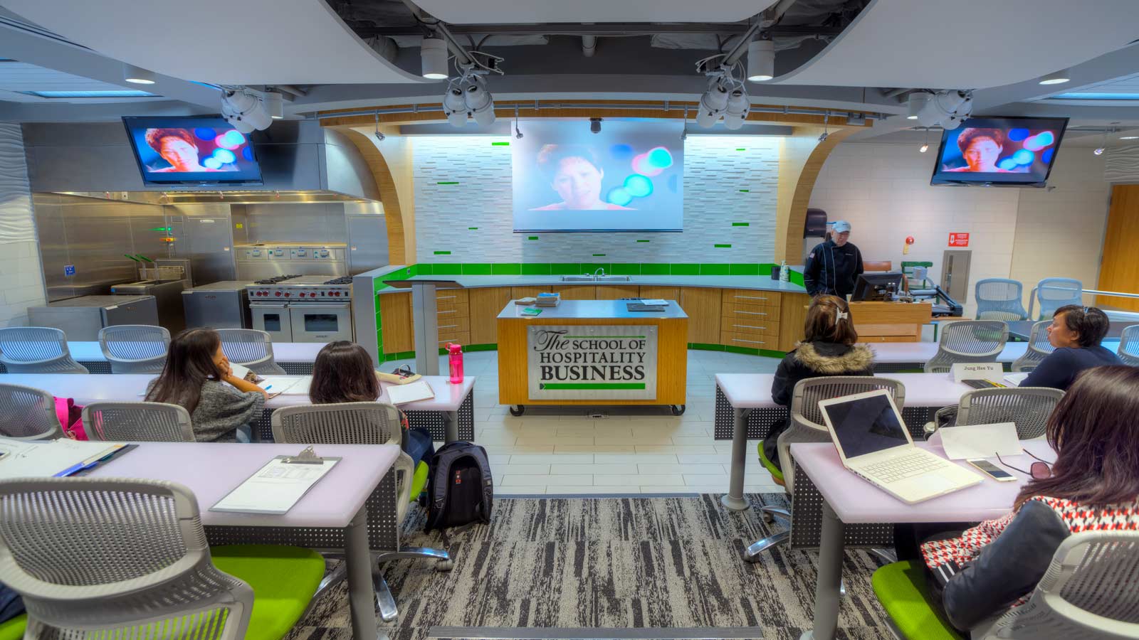 Students attend class in the Culinary Business Learning Lab inside the Kellogg Center.
