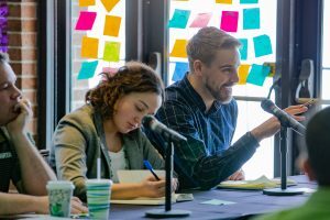 Broad alums Jacci Weber and Travis Martin judge student pitches at the Spring 2019 Extreme Green competition. Photo by Zach Hall