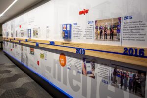 A view inside Meijer's headquarters building, with a display of the company's history as a timeline on the wall.