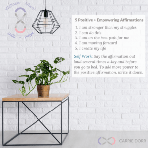 Alumna Carrie Dorr's positive affirmations exercise: 5 Positive + Empowering Affirmations 1. I am stronger than my struggles 2. I can do this 3. I am on the best path for me 4. I am moving forward 5. I create my life Self Work: Say the affirmation out loud several times a day and before you go to bed. To add more power to the positive affirmation, write it down. Image: green plant on a table against a white brick wall.