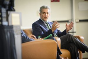 Craig Menear (B.A. Personnel Administration '79), CEO of Home Depot, pictured at the Broad College on MSU's campus speaking for the Warrington Lecture event.