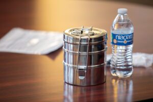 Close-up of tiffin carrier for the 2021 Global Marketplace event.