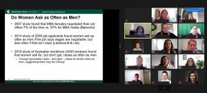 Zoom screenshot of MBA students alongside a presentation slide