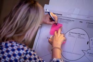 MBA student writes on sticky notes during group activity.