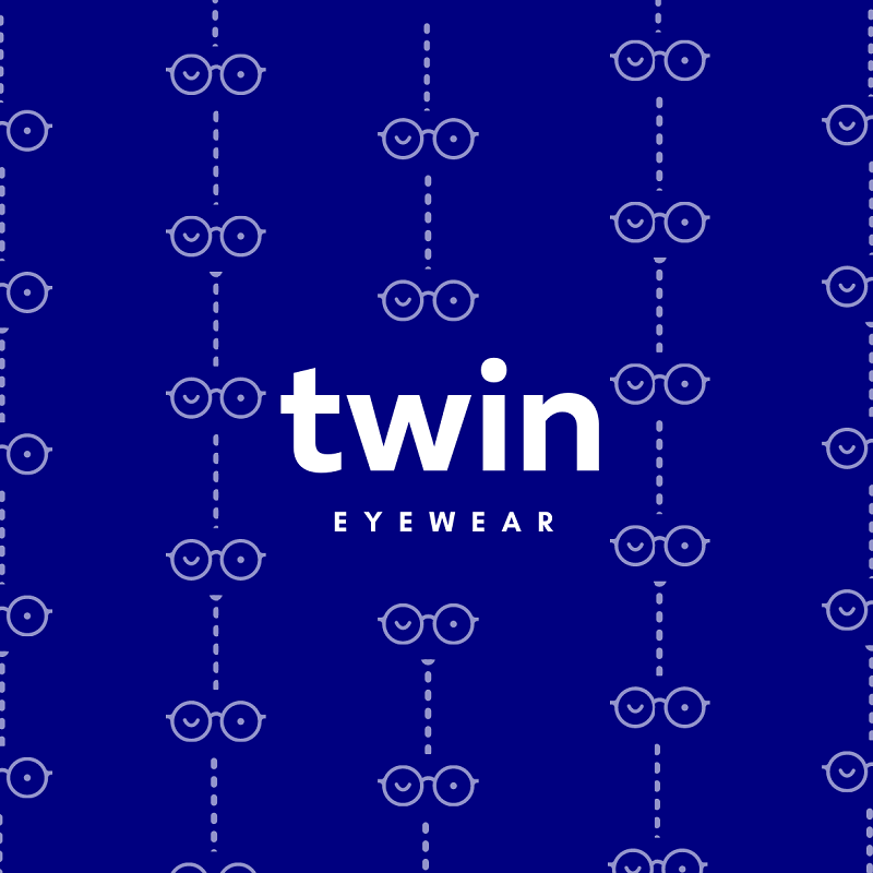 TWIN Eyewear logo on purple background