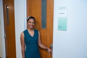 Broad alumna Gail Taylor pictured outside the Reginald & Rowena Ayala Faculty Office in Eppley Center